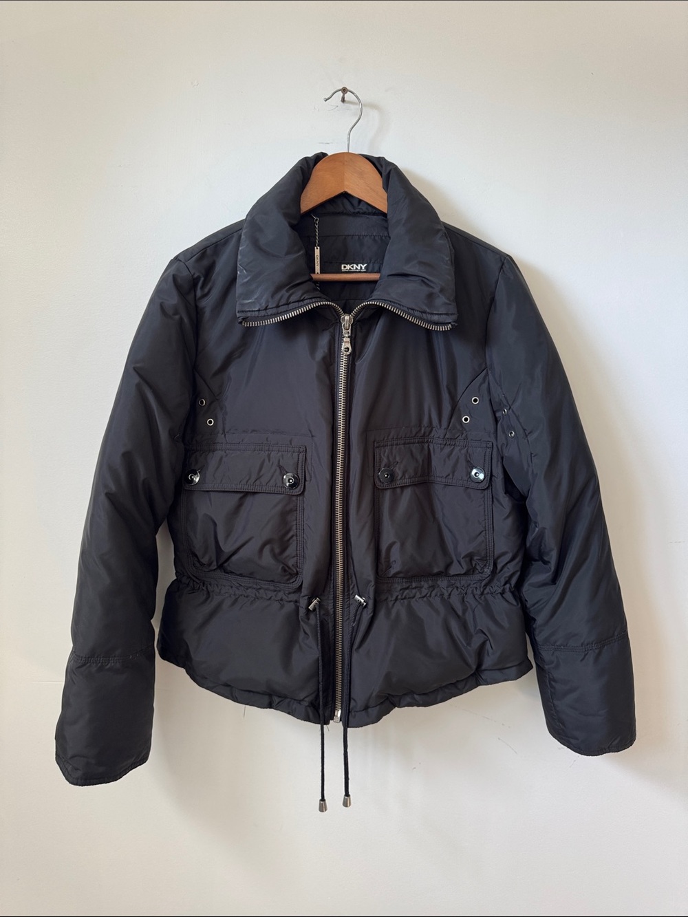 DKNY Black Quilted Puffer Jacket with Drawstring Hem